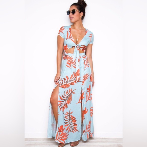 Latiste Mint Blue/Tropical Leaf Orange Island Hop Cut Out Maxi Dress. NWT Size S - Picture 9 of 13